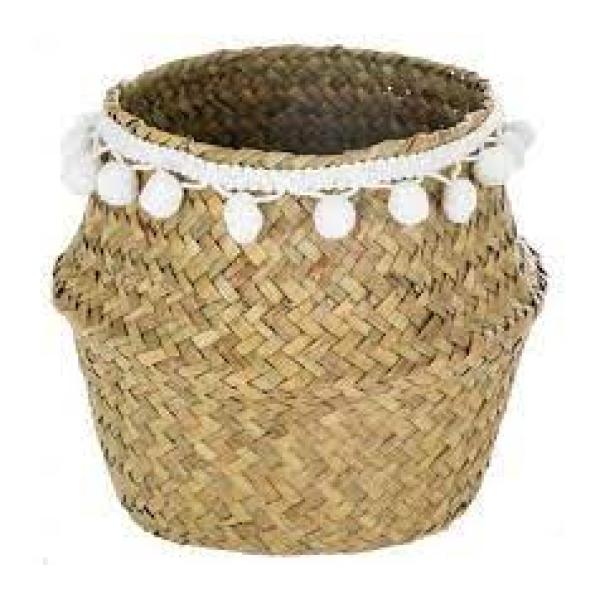PANIER SEAGRASS POMPON BLANC PM