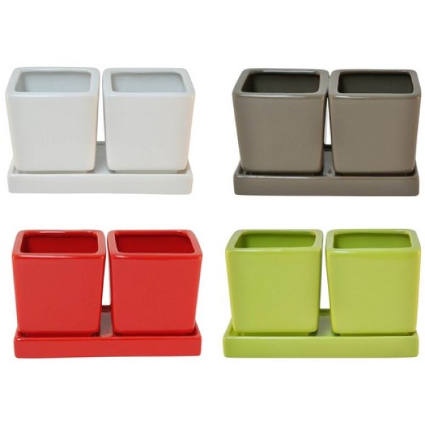 CACHE POT CUBES ATLAS AVEC SOUCOUPE TAUPE 10X10X10