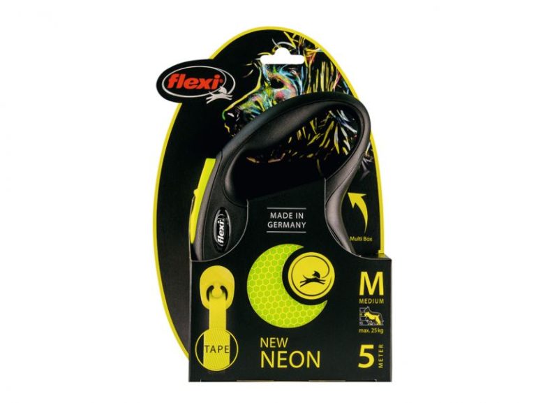 LAISSE FLEXI NEON 5M NOIR/JAUNE TAILLE M 25KG
