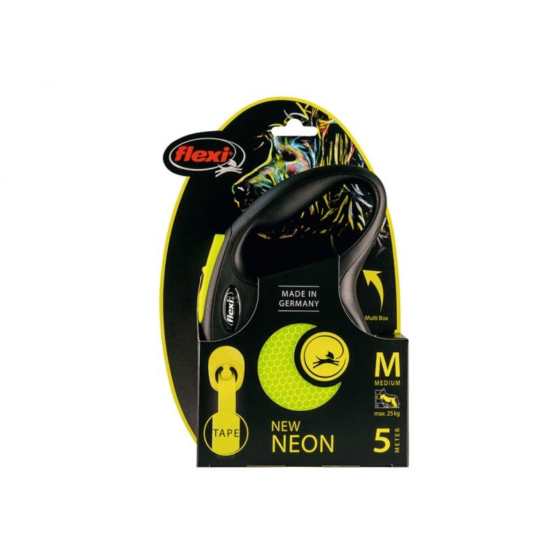 LAISSE FLEXI NEON 5M NOIR/JAUNE TAILLE M 25KG