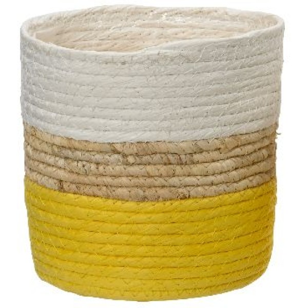 CACHE POT CORDE DE PAPIER JAUNE/BLANC 16CM