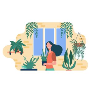 Happy woman growing houseplants. Female character standing in cozy home garden and holding pot with plant. Vector illustration for greenery, gardening hobby, home decor, botany concepts