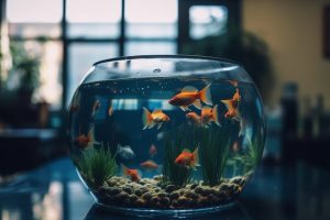 Goldfish swimming in a glass fishbowl underwater generated by artificial intelligence